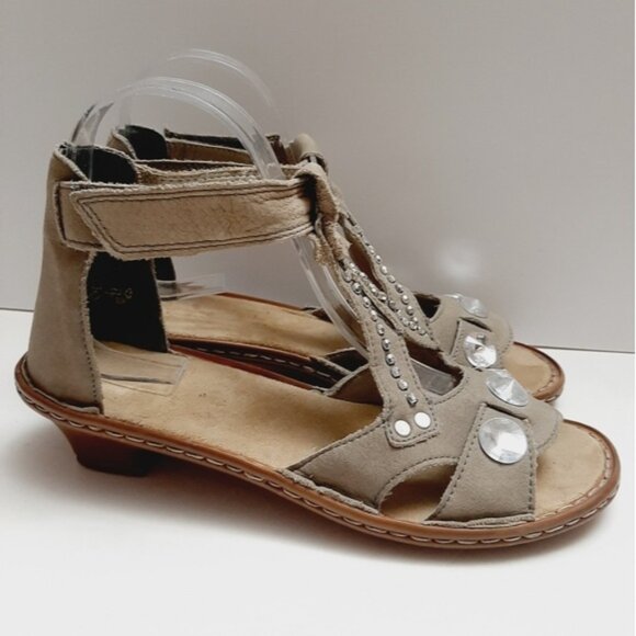 RIEKER \ Studded Gem Low Heel Open Toe Sandal Ankle Strap Taupe Gray Eur 37 US 6 - Picture 2 of 15